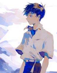 1boy belt blue_eyes blue_theme collared_shirt crying crying_with_eyes_open highres ikari_shinji looking_to_the_side male_focus mogutofuoes neon_genesis_evangelion shirt short_hair simple_background sketch solo tears white_background white_shirt
