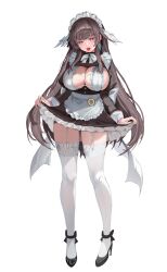 1girl absurdres apron black_dress black_hair black_shoes blue_eyes blush breasts dress earrings full_body garter_straps heart heart-shaped_pupils high_heels highres jewelry large_breasts long_hair long_sleeves maid maid_headdress open_mouth original shoes sideboob simple_background solo standing symbol-shaped_pupils teeth thighhighs thighs tongue tongue_out upper_teeth_only white_apron white_background white_garter_straps white_thighhighs zerocat