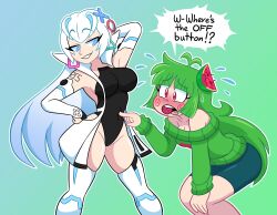 2girls ahoge bare_shoulders bath blue_eyes blush breasts cleavage davidbaronart english_text engrish_text finger_on_button food food-themed_hair_ornament food_print fruit fruit_print game_console green_hair green_pants green_sweater hair_ornament highres indie_virtual_youtuber large_breasts leotard long_hair long_sleeves looking_at_another looking_down melon mini_melon_(vannamelon) multiple_girls navel_poke off-shoulder_sweater off_shoulder open_mouth original pants personification playstation_5 ps5_chan ranguage red_eyes shiny_skin slice smile speech_bubble spiral_cheeks steam sweater teeth thighhighs transparent_background vanna_melon virtual_youtuber watermelon watermelon_hair_ornament watermelon_print watermelon_slice white_hair yuri