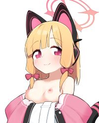 1girl :3 animal_ear_headphones animal_ears bare_shoulders blonde_hair blue_archive blunt_bangs blush bow breasts cat_ear_headphones cat_ears cat_tail closed_mouth eyes_visible_through_hair fake_animal_ears fake_tail hair_bow halo hands_in_opposite_sleeves headphones highres jacket jacket_partially_removed loli long_sleeves looking_at_viewer low-tied_sidelocks medium_hair mixed-language_commentary momoi_(blue_archive) multicolored_jacket nipples parted_bangs pink_bow pink_eyes pink_halo pink_jacket sidelocks simple_background small_breasts smile solo tail teruisi upper_body white_background white_jacket wide_sleeves