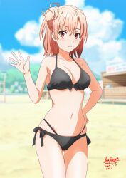 1girl artist_name beach bikini black_bikini blue_sky blurry blurry_background breasts cleavage cloud cowboy_shot dated day hair_bun large_breasts looking_at_viewer navel orange_eyes orange_hair outdoors sakayaya short_hair single_side_bun sky solo stomach swimsuit thighs yahari_ore_no_seishun_lovecome_wa_machigatteiru. yuigahama_yui