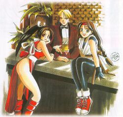 Rule 34 | 3girls, ass, bartender, bend, blonde hair, bow, braid, braided ponytail, breasts, brown eyes, brown hair, dougi, dress, drink, earrings, female focus, formal clothes, glass, gloves, green eyes, hair ornament, hairband, indoors, japanese clothes, jewelry, karate gi, king (snk), kohime ohse, large breasts, leather, leggings, long hair, long sleeves, looking at viewer, looking back, medium breasts, multiple girls, pale skin, pants, plant, ponytail, shiny clothes, shiranui mai, shirt, shoes, short hair, sitting, skirt, smile, smiley face, sneakers, socks, spandex, standing, suit, table, the king of fighters, thick thighs, thighs, tight clothes, tight pants, tuxedo, waitress, white shirt, wide hips, yoga pants, yuri sakazaki