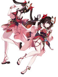 1girl black_choker black_gloves black_sandals breasts choker cleavage closed_mouth fox_mask gloves highres honkai:_star_rail honkai_(series) japanese_clothes kimono long_hair looking_at_viewer mask medium_breasts mole mole_under_each_eye mole_under_eye multiple_moles nail_polish pink_eyes red_kimono red_nails saint_laurent_paris sandals small_breasts smile solo sparkle_(honkai:_star_rail) toenail_polish toenails twintails