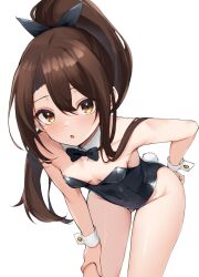 1girl :o alternate_costume arm_support black_bow black_bowtie black_leotard blush bow bowtie breasts brown_eyes brown_hair collarbone commentary covered_navel cowboy_shot detached_collar double-parted_bangs gluteal_fold hair_between_eyes hair_bow hand_on_own_thigh high_ponytail highres kantai_collection leaning_forward leotard long_hair looking_at_viewer playboy_bunny ponytail rabbit_tail sidelocks simple_background small_breasts solo strapless strapless_leotard tail thighs very_long_hair white_background wrist_cuffs zarashi zuihou_(kancolle)