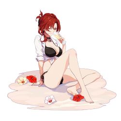 1girl alcohol barefoot beach bikini black_bikini black_choker breasts champagne champagne_flute choker cici closed_mouth cup drinking_glass flower full_body holding holding_cup honkai_(series) honkai_impact_3rd large_breasts looking_at_viewer mole mole_on_breast murata_himeko murata_himeko_(black_mamba) official_art one_eye_closed red_flower red_hair sand shirt smile soles solo swimsuit toes white_flower white_shirt yellow_eyes yellow_flower