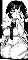 Rule 34 | 1girl, blush stickers, bob cut, breasts, covered navel, greyscale, gundam, gundam gquuuuuux, highres, ireading, large breasts, mecha pilot suit, messy hair, monochrome, open mouth, seiza, shiiko sugai, short hair, sitting, smile, solo, sweat, towel, towel around neck
