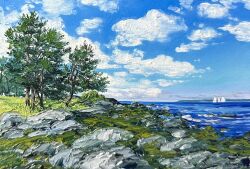 blue_sky cloud cloudy_sky commentary day english_commentary highres kate_avery maine no_humans ocean oil_painting_(medium) original outdoors painting_(medium) real_world_location rock scenery sky traditional_media tree water