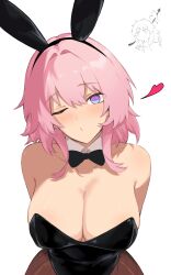 2girls absurdres animal_ears bow bowtie breasts detached_collar fake_animal_ears head_tilt heart highres honkai:_star_rail honkai_(series) huge_breasts large_breasts leotard light_blush looking_at_viewer march_7th_(honkai:_star_rail) multiple_girls o3o one_eye_closed pantyhose pink_hair playboy_bunny rabbit_ears soulnark stelle_(honkai:_star_rail) strapless strapless_leotard trailblazer_(honkai:_star_rail) upper_body yuri