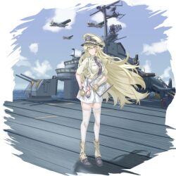 Rule 34 | 1girl, absurdres, aircraft, aircraft carrier, airplane, alternate costume, antenna mast, arknights, belt, black boots, blonde hair, bomber, boots, breast pocket, chinese commentary, closed mouth, cloud, collared shirt, commentary, commentary request, day, elf, english commentary, flight deck, full body, gloves, goggles, hair between eyes, hat, highres, holding, knee boots, long hair, looking afar, lt mue, medal, military hat, military vehicle, mixed-language commentary, mole, mole under eye, muelsyse (arknights), necktie, outdoors, peaked cap, pocket, pointy ears, purple necktie, radio antenna, ship, ship turret, shirt, short sleeves, side slit, skirt, smile, solo, standing, thighhighs, tie clip, transparent background, turning head, unworn goggles, very long hair, warship, watch, watercraft, white belt, white skirt, white thighhighs, wind, wristwatch, yellow boots, yellow eyes, yellow gloves, yellow hat, yellow shirt, zettai ryouiki