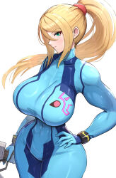 Rule 34 | 1girl, absurdres, blonde hair, blue bodysuit, blue eyes, blush, bodysuit, breasts, closed mouth, commentary, gonzarez, green eyes, gun, hair between eyes, hand on own hip, high ponytail, highres, holding, impossible bodysuit, impossible clothes, large breasts, long hair, looking at viewer, metroid, mole, mole under mouth, nintendo, ponytail, samus aran, simple background, skin tight, solo, super smash bros., weapon, white background, zero suit
