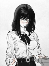 1boy 1girl artist_name blush breasts chainsaw_man commentary grabbing_another&#039;s_breast greyscale groping guided_breast_grab guiding_hand harutoyumaarts hetero highres holding_another&#039;s_wrist large_breasts looking_at_viewer monochrome orange_eyes pov pov_hands ringed_eyes scar scar_on_face school_uniform shirt_tucked_in simple_background spot_color twitter_username upper_body white_background yoru_(chainsaw_man)
