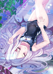 1girl ahoge bare_legs bare_shoulders black_halo blue_archive blue_one-piece_swimsuit blush chain-link_fence closed_mouth comiket_106 commentary_request demon_girl demon_horns demon_wings feet_out_of_frame fence flat_chest hair_ornament hairclip half-closed_eyes halo hand_on_own_thigh hand_up highres hina_(blue_archive) hina_(swimsuit)_(blue_archive) horns jin_young-in loli long_hair looking_at_viewer low_wings lying official_alternate_costume old_school_swimsuit on_back one-piece_swimsuit purple_eyes school_swimsuit side_ponytail solo swimsuit thighs very_long_hair water whistle whistle_around_neck white_hair wings