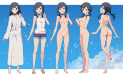 amano_hina_(tenki_no_ko) ass bare_shoulders black_choker breasts choker completely_nude grey_eyes grey_hair highres hood hoodie long_hair multiple_views nanikairu navel nude robe shorts sleeveless sleeveless_hoodie small_breasts standing standing_on_one_leg tenki_no_ko twintails