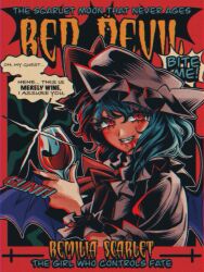 1girl ascot bat_wings blood blood_on_face blue_hair blue_wings bow chromatic_aberration commentary cover cup drinking_glass english_commentary english_text eyelashes fake_cover fangs glint grey_hat grey_shirt grin hat hat_bow highres holding holding_cup medium_hair mememedama10 mob_cap puffy_short_sleeves puffy_sleeves red_ascot red_bow red_eyes remilia_scarlet shirt short_sleeves smile solo sound_effects speech_bubble touhou upper_body wine_glass wings wrist_cuffs