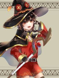 1girl :d belt belt_buckle black_belt black_cape black_gloves black_hat black_thighhighs brown_eyes brown_hair buckle cape collarbone cowboy_shot dress fingerless_gloves gloves grey_background hair_between_eyes hat highres hiyo_(pixiv31594891) holding holding_staff kono_subarashii_sekai_ni_shukufuku_wo! long_sleeves megumin open_mouth red_dress short_dress short_hair_with_long_locks sidelocks smile solo staff standing thighhighs witch_hat zettai_ryouiki