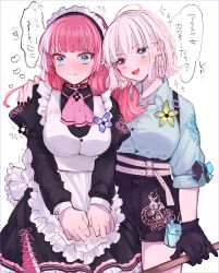 2girls ahoge amane_(7783) apron ascot belt black_dress black_gloves black_shorts blue_eyes blue_shirt blush breasts commentary_request dress dress_shirt earrings fang frilled_apron frills gloves heart heterochromia highres jewelry juliet_sleeves large_breasts long_sleeves maid maid_headdress multiple_girls open_mouth original pink_ascot pink_eyes pink_hair puffy_sleeves shirt shirt_tucked_in short_hair shorts skin_fang tearing_up teeth three-quarter_sleeves translation_request trembling upper_teeth_only white_apron white_belt white_hair yuri
