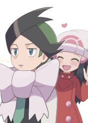1boy 1girl :d beanie black_vest borrowed_accessory bow closed_eyes coat commentary_request dawn_(pokemon) green_hair green_necktie hair_ornament hairclip hat heart highres multicolored_hair nakikot_t necktie nintendo notice_lines open_mouth pokemon pokemon_dppt pokemon_platinum red_coat scarf shirt short_hair sidelocks simple_background smile thorton_(pokemon) two-tone_hair vest white_background white_bow white_scarf white_shirt