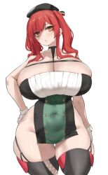 1girl aster_crowley azur_lane bare_shoulders beret black_hat black_thighhighs breasts cleavage collarbone commentary dress gloves green_dress groin hat highres huge_breasts long_hair red_hair simple_background solo thighhighs thighs twintails white_background white_gloves yellow_eyes zara_(azur_lane)