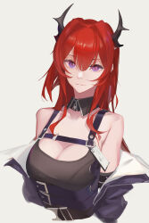 1girl arknights bare_shoulders belt black_belt black_dress breasts chest_strap cleavage commentary cropped_torso dress grey_background hair_between_eyes highres horns long_hair looking_at_viewer medium_breasts off_shoulder purple_eyes red_hair revision simple_background sin9 solo surtr_(arknights) white_background