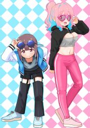 2girls :d alternate_costume black_shrug blue_eyes blue_hair blue_shoes blunt_bangs breasts brown_hair casual commentary detached_leggings drawstring eyewear_lift full_body hand_in_pocket happyundergate heart heart-shaped_eyewear highres hood hood_down hooded_shrug hozuki_kaede hozuki_momiji jacket large_breasts leaning_forward long_hair long_sleeves looking_at_viewer midriff multicolored_hair multiple_girls nail_polish navel onii-chan_wa_oshimai! open_clothes open_jacket open_mouth pants pink-framed_eyewear pink_hair pink_nails pink_pants pink_shoes ponytail red_eyes round_eyewear shoes short_hair short_ponytail shrug_(clothing) siblings sidelocks simple_background sisters smile sunglasses teeth two-tone_hair upper_teeth_only