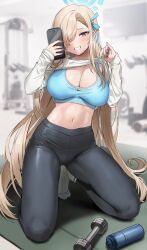 1girl alternate_costume asuna_(blue_archive) black_pants blue_archive blue_eyes blue_nails blue_ribbon blue_sports_bra blurry blurry_background bottle breasts cellphone cleavage clothes_lift dumbbell gijang grin gym hair_over_one_eye hair_ribbon highres holding holding_phone kneeling large_breasts lifting_own_clothes light_brown_hair long_hair long_sleeves looking_at_viewer nail_polish navel nike_(company) one_eye_covered pants phone ribbon selfie shirt shirt_lift smartphone smile socks solo sports_bra sportswear stomach sweat tight_clothes tight_pants very_long_hair water_bottle white_shirt white_socks yoga_mat yoga_pants