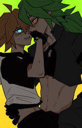 2boys abs absurdres ahoge aotu_world black_gloves black_jacket black_shirt black_shorts blonde_hair blue_eyes blush chinese_commentary collared_shirt covering_another&#039;s_mouth crop_top cropped_jacket eye_contact fingerless_gloves gloves glowing glowing_eyes green_hair hair_between_eyes hand_on_another&#039;s_chest hand_on_another&#039;s_face hand_on_another&#039;s_waist hand_over_another&#039;s_mouth hand_up high_collar highres hood hood_down hoodie hug jacket king_(aotu_world) lifting_another&#039;s_clothes long_hair looking_at_another low_ponytail male_focus midriff midriff_peek multicolored_eyes multicolored_hoodie multiple_boys navel pants parted_lips pointy_ears ponytail red_eyes saliva shade shilefuyiqushenzanggongyuming34903 shirt short_hair short_sleeves shorts simple_background smile spiked_hair sweat white_hoodie xander_(aotu_world) yaoi yellow_eyes