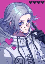 Rule 34 | 1boy, absurdres, adjusting eyewear, affection meter, aotsuki eito, apiaopiao044, black gloves, breast pocket, chinese commentary, drawstring, glasses, gloves, grey hair, hand up, heart, highres, jacket, looking at viewer, male focus, pink background, pocket, purple eyes, round eyewear, short hair, simple background, solo, the hundred line -last defense academy-, upper body, white jacket, zipper pull tab