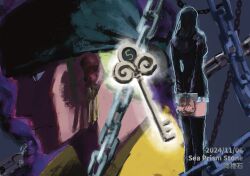 Rule 34 | 1boy, 1girl, back, bandana, black bandana, black dress, black hair, boots, chain, commentary request, cuffs, dated, dress, earrings, handcuffs, highres, hisarakanoi, jewelry, key, long sleeves, nico robin, nico robin (water 7), one piece, roronoa zoro, shirt, short hair, sideburns, thigh boots, yellow shirt