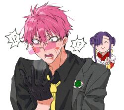Rule 34 | !?, 1boy, 1girl, after kiss, black suit, blush, business suit, chinese clothes, closed eyes, couple, dress, earrings, formal clothes, gauma, gridman universe, gridman universe (film), hair between eyes, hair bun, hair over one eye, hetero, jacket, jewelry, long hair, long sleeves, necktie, open mouth, princess (dynazenon), red hair, risyo, scar, scar on face, shirt, short hair, smile, suit, sunglasses, sweatdrop, upper body