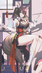1girl absurdres animal_ear_fluff animal_ears black_dress boots breasts brown_hair chinese_clothes cleavage cup dress fox_ears fox_girl fox_tail green_eyes hair_between_eyes high_heel_boots high_heels highres holding holding_smoking_pipe honkai:_star_rail honkai_(series) jar large_breasts medium_hair misheng_liu_yin open_mouth sakazuki sideboob sitting smoking_pipe solo tail teeth thighs tingyun_(honkai:_star_rail)
