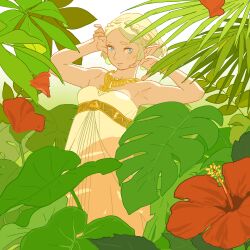 1girl 55bata6rou armpits arms_up blonde_hair blue_eyes braid breasts cowboy_shot crown_braid dress earrings floral_background flower gold_necklace hibiscus highres jewelry leaf looking_at_viewer medium_breasts necklace nintendo pointy_ears princess_zelda red_flower short_hair solo standing strapless strapless_dress the_legend_of_zelda the_legend_of_zelda:_breath_of_the_wild white_dress