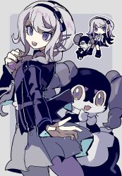 1girl black_bow black_hairband black_headband border bow female_focus fjsk gen_8_pokemon grey_background grey_skirt hair_bow hairband hand_up headband highres indeedee indeedee_(female) jacket kirifuji_nozomi long_hair long_sleeves looking_at_viewer looking_back nintendo pleated_skirt pokemon pokemon_(creature) purple_eyes purple_jacket simple_background skirt the_hundred_line_-last_defense_academy- turning_head white_border white_hair