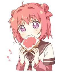 1girl ahoge akaza_akari blush bread_slice double_bun dress eating female_focus food food_in_mouth hair_bun holding holding_food jam layered_sleeves long_sleeves looking_down mg_mg mouth_hold namori nanamori_school_uniform pink_hair purple_eyes sailor_collar sailor_dress school_uniform serafuku short_hair short_over_long_sleeves short_sleeves simple_background solo tareme toast toast_in_mouth upper_body white_background yuruyuri