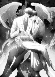 2boys ashes black_coat black_hair black_skirt burning burning_paper coat collared_shirt crossed_legs feathered_wings full_body greyscale hand_on_another&#039;s_neck head_on_another&#039;s_shoulder head_tilt highres implied_yaoi kim_dokja leaning_on_person light_particles looking_at_viewer male_focus monochrome multiple_boys omniscient_reader&#039;s_viewpoint outstretched_hand paper plant_roots podium raya_(000_unseen) scar scar_across_eye scar_on_face shirt short_hair sitting sitting_on_lap sitting_on_object sitting_on_person skirt smile transparent_wings white_coat wings yoo_joonghyuk