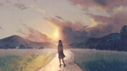 1girl arms_at_sides black_shoes blue_sailor_collar blue_skirt building cloud cloudy_sky commentary_request evening field flying_grass from_behind grass grey_hair harucoro25 highres hill landscape medium_skirt mountainous_horizon nature original path pleated_skirt reflection reflective_surface road sailor_collar scenery school_uniform serafuku shirt shoes short_sleeves skirt sky socks solo standing sun tree umbrella white_shirt white_socks wide_shot