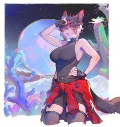 Rule 34 | 1girl, adversarial noise, animal ears, bare shoulders, black gloves, black hair, black leotard, black shorts, black thighhighs, blue eyes, border, breasts, cactus, clothes around waist, commentary, english commentary, final fantasy, final fantasy xiv, fingerless gloves, gloves, hair between eyes, hand on own forehead, hand on own hip, highres, jacket, large breasts, leotard, looking down, looking to the side, miqo&#039;te, multicolored hair, nature, on moon, open mouth, outdoors, outside border, planet, red hair, red jacket, reneelric, short hair, shorts, sideboob, skindentation, sky, solo, star (sky), starry sky, sweat, tail, teeth, thighhighs, two-tone hair, warrior of light (ff14), white border