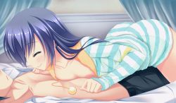 bed breasts breasts_against_chest circus_(studio) da_capo da_capo_iii hug nipples open_clothes pajamas purple_hair rukawa_sara small_breasts smile takano_yuki_(allegro_mistic) yellow_eyes
