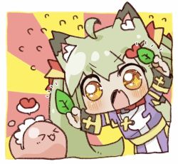 1girl :3 ahoge animal_ears blush chibi chibi_only commentary_request cross cross_necklace dress fang fox_ears fox_girl green_hair hair_ornament heart heart_hair_ornament jewelry leaf long_hair maid_headdress necklace open_mouth orange_eyes poring priest_(ragnarok_online) purple_dress ragnarok_masters ragnarok_online skin_fang slime_(creature) solo sunburst sunburst_background tanaka_yuugo twintails two-tone_dress upper_body white_dress