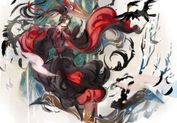 1boy ahoge bare_tree bird black_bird black_boots black_feathers black_hair black_hanfu boots branch chinese_clothes closed_mouth colored_smoke crow dizi falling_feathers feathers floating floating_clothes floating_hair flute full_body grey_eyes hair_ribbon hanfu highres holding holding_flute holding_instrument hori_airi instrument long_hair male_focus modao_zushi music playing_flute playing_instrument ponytail red_ribbon ribbon sash sidelocks sleeves_past_wrists smile smoke snow solo transverse_flute tree wei_wuxian wide_sleeves
