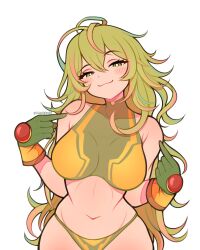 1girl :3 artist_name bikini bikini_bottom_only boku_no_hero_academia breasts bright_pupils commentary cowboy_shot crop_top english_commentary eyelashes gloves green_bikini green_gloves green_hair hagakure_toru half-closed_eyes hands_up highres long_hair multicolored_hair navel official_alternate_costume pink_hair pointing pointing_at_self simple_background solo streaked_hair swimsuit thighs turtleneck_bikini_top twitter_username very_long_hair vivianvalenart white_background white_pupils yellow_bikini