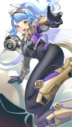 1girl ass blue_hair bodysuit drone fire_emblem fire_emblem_heroes goggles goggles_on_head highres ikura_(downdexp) looking_at_viewer nintendo official_alternate_costume open_mouth ponytail reginn_(dvergr_heir)_(fire_emblem) reginn_(fire_emblem) robot skin_tight smile solo teeth upper_teeth_only