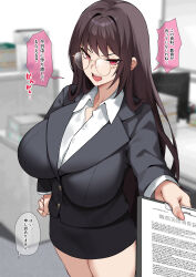 1girl black_jacket black_skirt black_suit breasts brown_hair clipboard collared_shirt dress_shirt formal_clothes glasses hand_on_own_hip highres holding holding_paper huge_breasts indoors jacket jirusu large_breasts long_hair long_sleeves looking_at_viewer miniskirt mole mole_under_mouth office office_lady open_mouth original outstretched_arm paper pencil_skirt red_eyes round_eyewear shirt sidelocks skirt solo speech_bubble standing suit thighs translation_request white_shirt