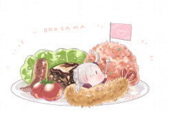 1girl :i blush chanto_suenai_kyuuketsuki-chan chibi closed_mouth food food_art food_on_face grey_hair hair_over_one_eye heart highres holding holding_spork in_food ishikawa_luna mini_flag mini_person minigirl nikki_kyousuke okosama_lunch plate romaji_text shrimp shrimp_tempura side_ponytail simple_background solo spork tako-san_wiener tempura white_background |_|