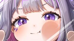 1girl against_glass cheek_on_glass cheek_press close-up closed_mouth colored_inner_hair commentary english_commentary gem grey_hair hand_on_glass hololive hololive_english jewel_under_eye koseki_bijou light_blush long_hair looking_at_viewer multicolored_hair pink_hair purple_eyes purple_gemstone solo uminonin46978 virtual_youtuber