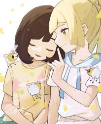 2girls blonde_hair brown_hair closed_eyes closed_mouth collarbone commentary_request cutiefly eyelashes falling_petals gen_7_pokemon green_eyes green_shorts hand_up highres lillie_(pokemon) long_hair miu_(miuuu_721) multiple_girls nintendo open_mouth petals pleated_skirt pokemon pokemon_(creature) pokemon_sm selene_(pokemon) shirt short_sleeves shorts signature skirt smile t-shirt white_background white_shirt yellow_shirt