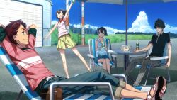 2boys 3girls arm_up baggy_shorts bare_legs black_hair black_shirt blonde_hair blue_eyes blue_skirt bob_cut breasts brown_hair brown_shoes casual checkered_clothes checkered_pants closed_eyes daitoku_junna dark-skinned_female dark_skin denim from_side frown fukuda_tomonori game_cg garage glasses green_skirt grey_eyes hair_between_eyes happy hidaka_subaru high_ponytail highres hood hoodie jeans jitome knees koujiro_frau looking_at_another miniskirt multiple_boys multiple_girls non-web_source official_art open_collar open_mouth outdoors pants pants_rolled_up parasol pink_hood pink_shirt pleated_skirt polo_shirt ponytail ponytail_with_braided_base red_eyes red_hair red_stripes red_trim robotics;notes sandals senomiya_akiho shadow shirt shirt_under_shirt shoes short_hair short_sleeves shorts sitting skal skirt sleeveless sleeveless_hoodie sleeveless_shirt small_breasts smile striped_clothes striped_shirt tablet_holster tank_top teeth toenails toes tongue umbrella under_umbrella upper_teeth_only video_call white_pants white_sandals white_shirt white_tank_top yashio_kaito yellow_shorts