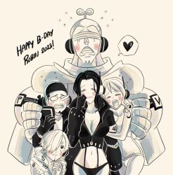 2girls 3boys ^_^ arm_tattoo blush buzz_cut closed_eyes commentary cropped_jacket crying curly_eyebrows english_commentary facial_hair franky_(one_piece) goatee greyscale happy_birthday heart highres interlocked_fingers locked_arms long_hair long_nose monochrome multiple_boys multiple_girls nami_(one_piece) nami_(one_piece)_(egghead) nico_robin nico_robin_(egghead) one_piece rainboweem sanji_(one_piece) short_hair sleeveless tattoo tears upper_body usopp very_short_hair