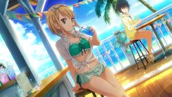 22/7 22/7_ongaku_no_jikan 2girls beach beach_house bikini blonde_hair blue_hair blue_hairband blue_ribbon blue_sky chair cloud collarbone cup disposable_cup drinking_straw drinking_straw_in_mouth dutch_angle flower frilled_bikini frills game_cg green_bikini green_eyes hair_over_eyes hair_ribbon hairband highres holding holding_drinking_straw hood hoodie lens_flare light_particles looking_at_object menu_board multiple_girls navel non-web_source ocean official_art on_chair palm_tree pennant railing ribbon saito_nicole sandals shirt short_hair short_sleeves sitting sky sparkle string_of_flags swimsuit takigawa_miu tied_shirt tree white_shirt wooden_chair wooden_railing yellow_hoodie