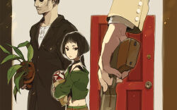 1girl 2boys age_difference animification apartment bag bare_shoulders beard_stubble black_choker black_eyes black_hair black_jacket black_shirt blunt_ends bob_cut character_request choker closed_mouth collared_jacket commentary_request crop_top door expressionless eyelashes eyeshadow facial_hair flower_pot green_jacket grocery_bag gun handgun height_difference holding holding_bag holding_flower_pot holding_gun holding_weapon indoors jacket lapels layered_sleeves leon_(leon_the_professional) leon_the_professional light_frown light_particles lips long_sleeves looking_at_another lowe_(slow) makeup mathilda_lando milk_carton multiple_boys navel notched_lapels outline pants pink_eyeshadow plant potted_plant red_pants revolver shirt shopping_bag short_hair sleeveless sleeveless_shirt stubble sunglasses sweater_jacket weapon white_jacket white_outline white_shirt