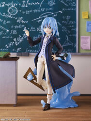 1other :d black_coat blue_hair blurry blurry_background brown_shoes chalk chalkboard classroom coat commentary_request company_name copyright_notice figure full_body hand_on_own_hip hand_up highres holding holding_chalk indoors leg_up loafers looking_at_viewer math medium_hair official_alternate_costume official_art open_clothes open_coat open_mouth other_focus pants photo_(medium) rimuru_tempest shoes slime_(creature) smile solo standing standing_on_one_leg teacher tensei_shitara_slime_datta_ken vest waistcoat watermark yellow_eyes